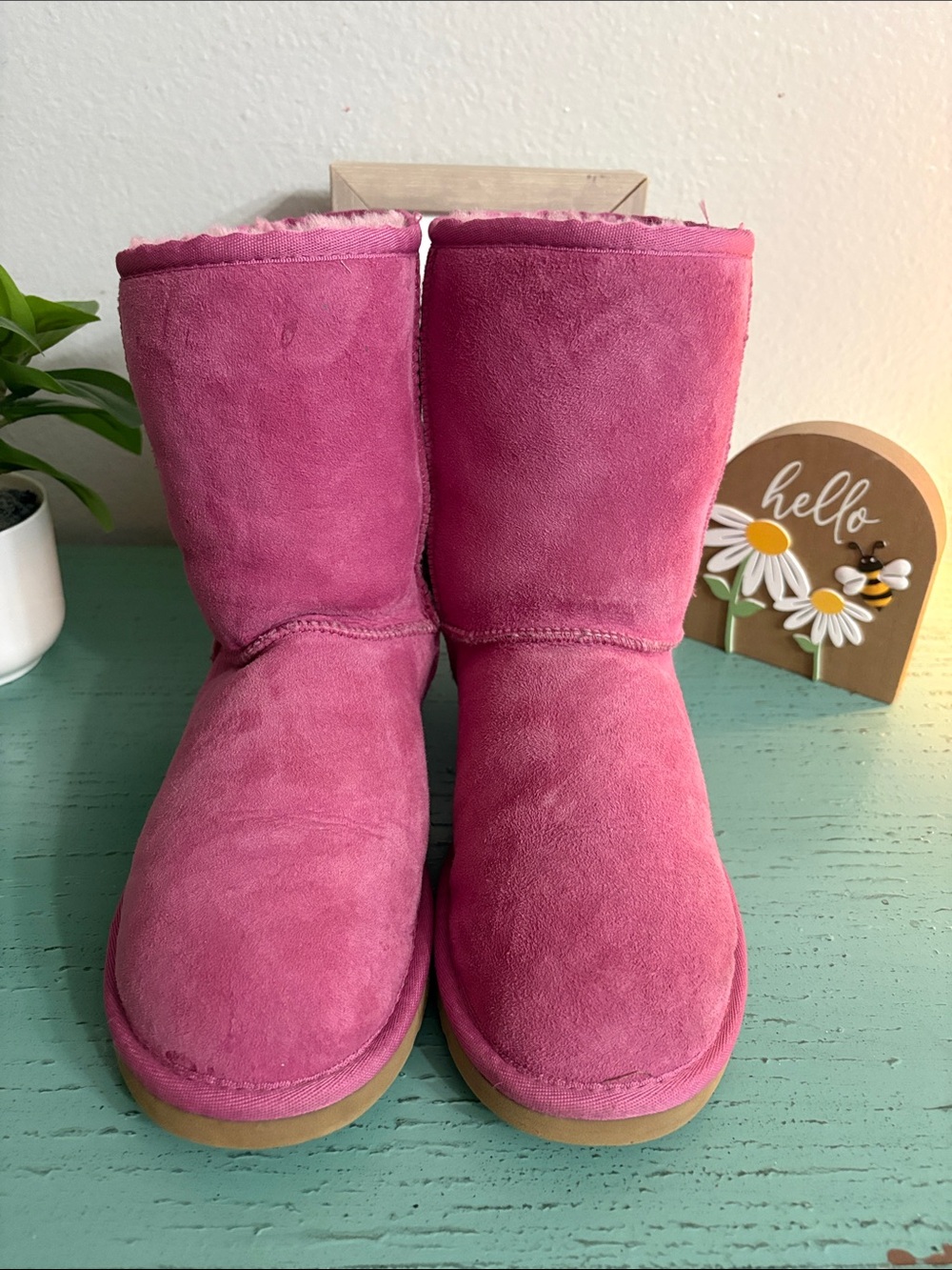 UGG Pink Suede Classic Mid-Calf Shearling Boots